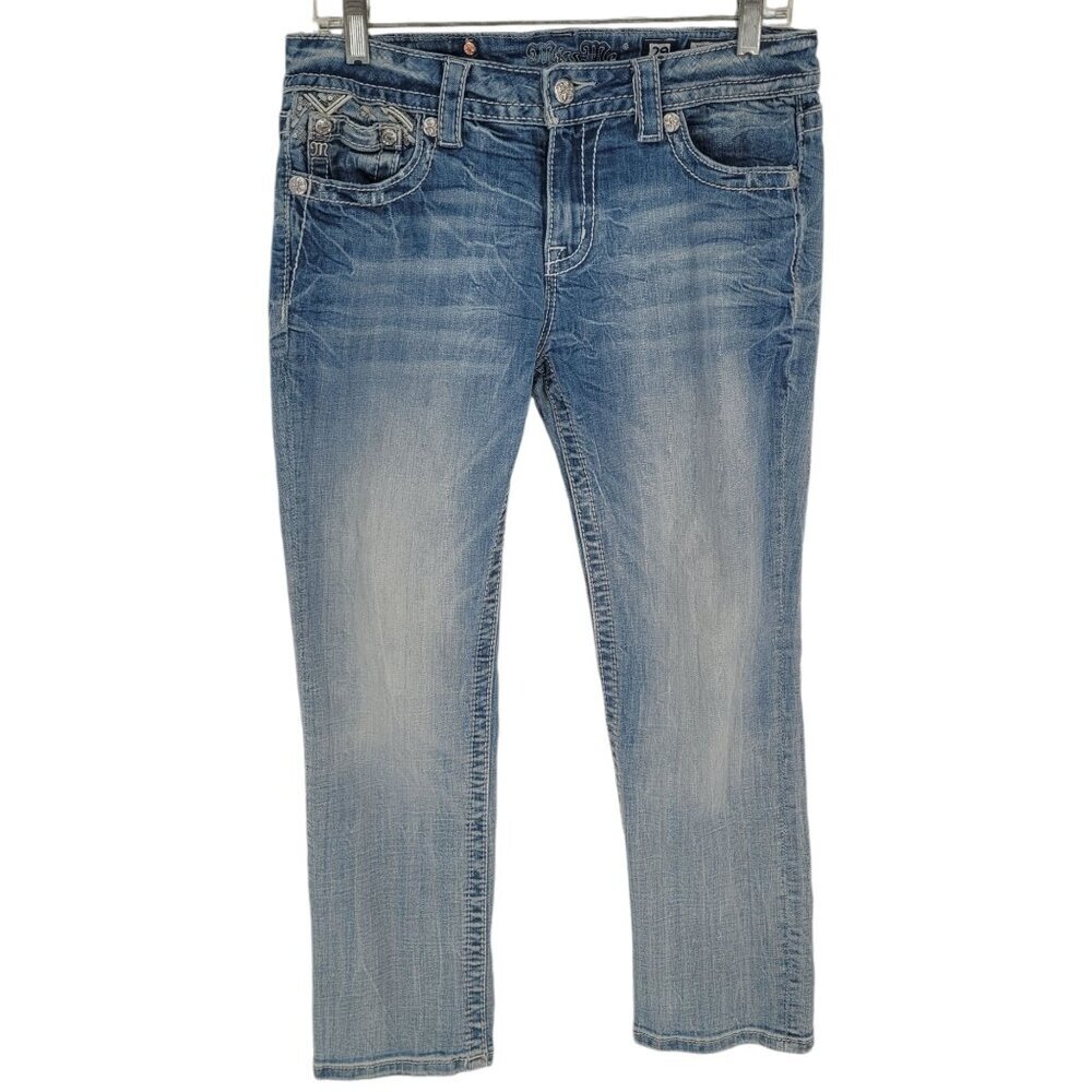 Miss me 29 standard crop blue medium wash embroidered sequin embellished pockets